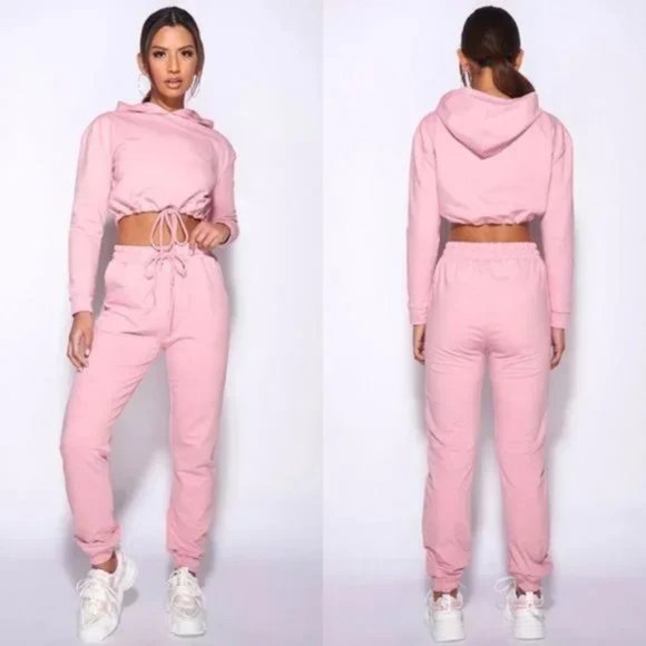 Pants - Pink Long Sleeve Hooded Crop Top and High Waist Joggers Pants Two Piece Set